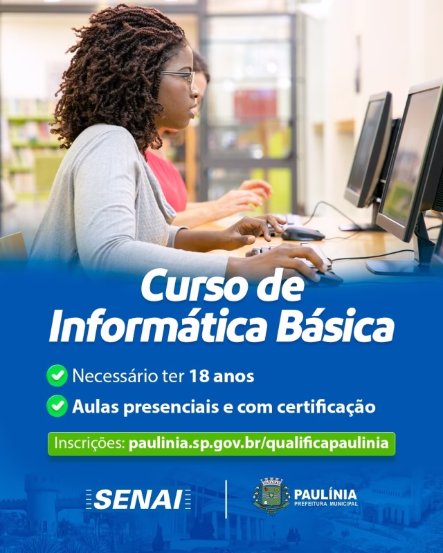 A Prefeitura de Paulínia, por meio da Secretaria de Desenvolvimento Econômico, abre inscrições gratuitas para o “Curso de Informática Básica”, em parceria com o SENAI. As aulas são presenciais e todos os participantes com mais de 80% de presença receberão certificação ao final do curso. Prefeitura abre inscrições para curso gratuito de Informática – Jornal Aqui Paulínia